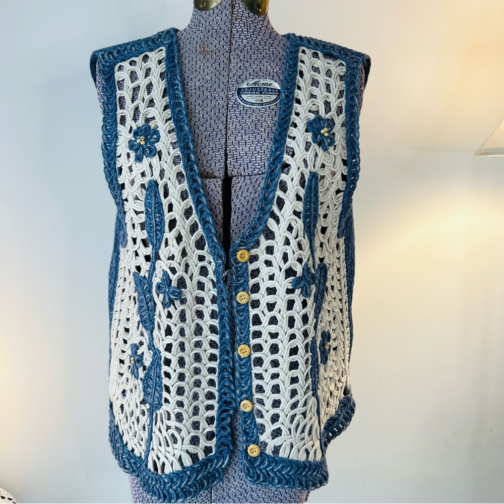 Handmade Crochet Blue and White Sweater Vest vintage